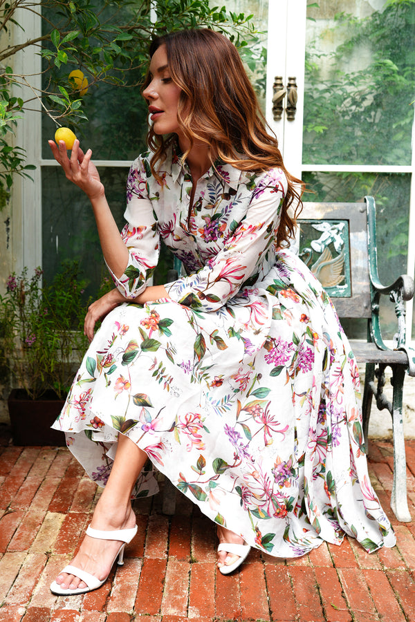 Aster Dress Shirt Collar 3/4 Sleeve Midi Length Ramie (Gallerie Summer Bouquet)