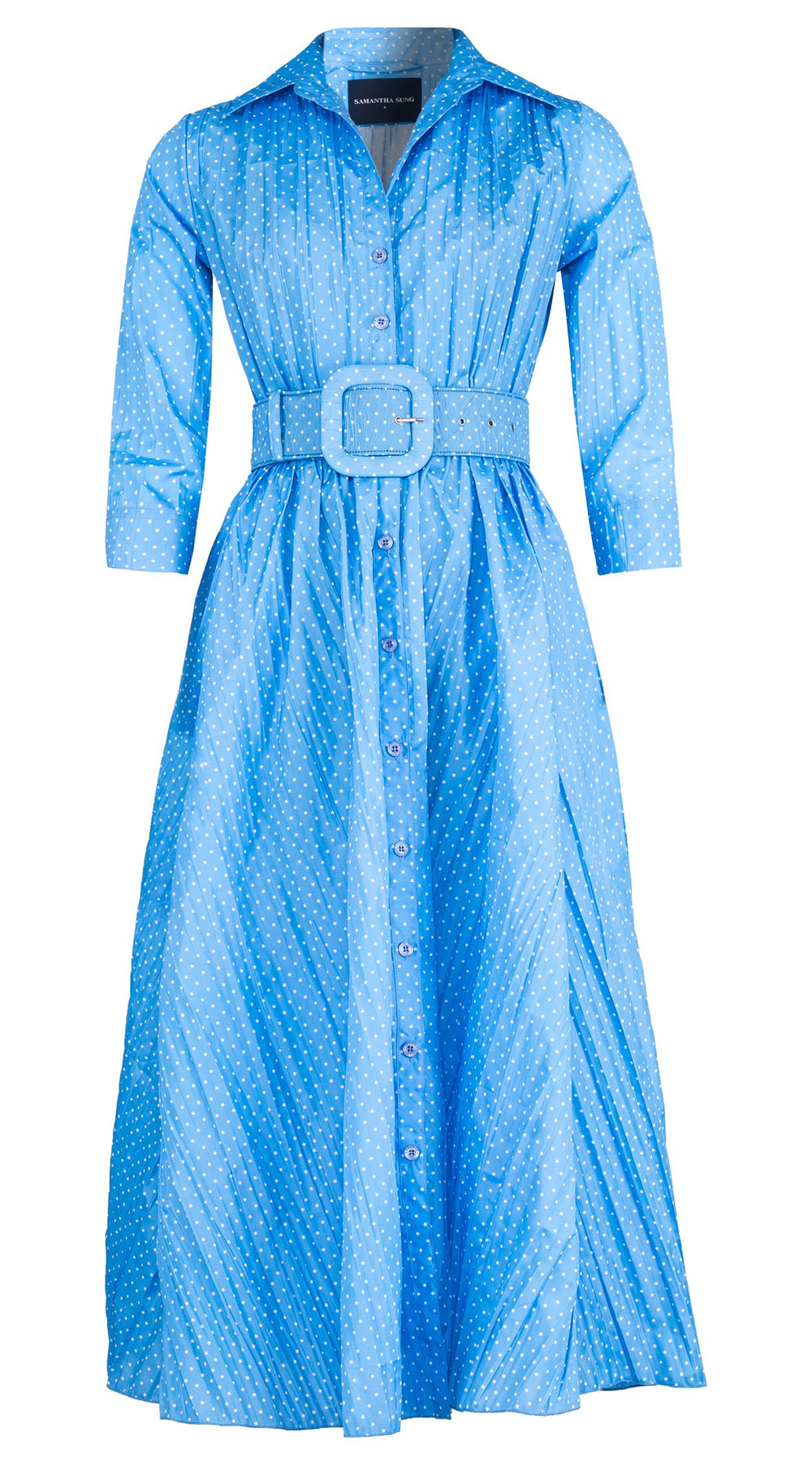 Terry Dress Shirt Collar 3/4 Sleeve Midi Plus Length Silk Taffta (Gentlemans Dot)
