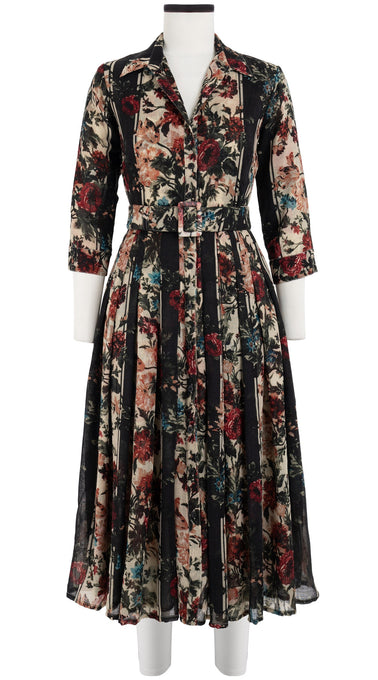Audrey Dress #4 Shirt Collar 3/4 Sleeve Midi Length Wool Musola (Garland Rose)