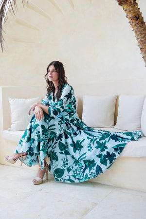 Aster Dress Shirt Collar 3/4 Sleeve Midi Length Cotton Musola (Genova Mono Flower Pastel)