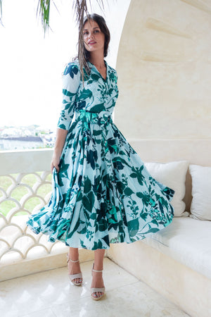 Aster Dress Shirt Collar 3/4 Sleeve Midi Length Cotton Musola (Genova Mono Flower Pastel)