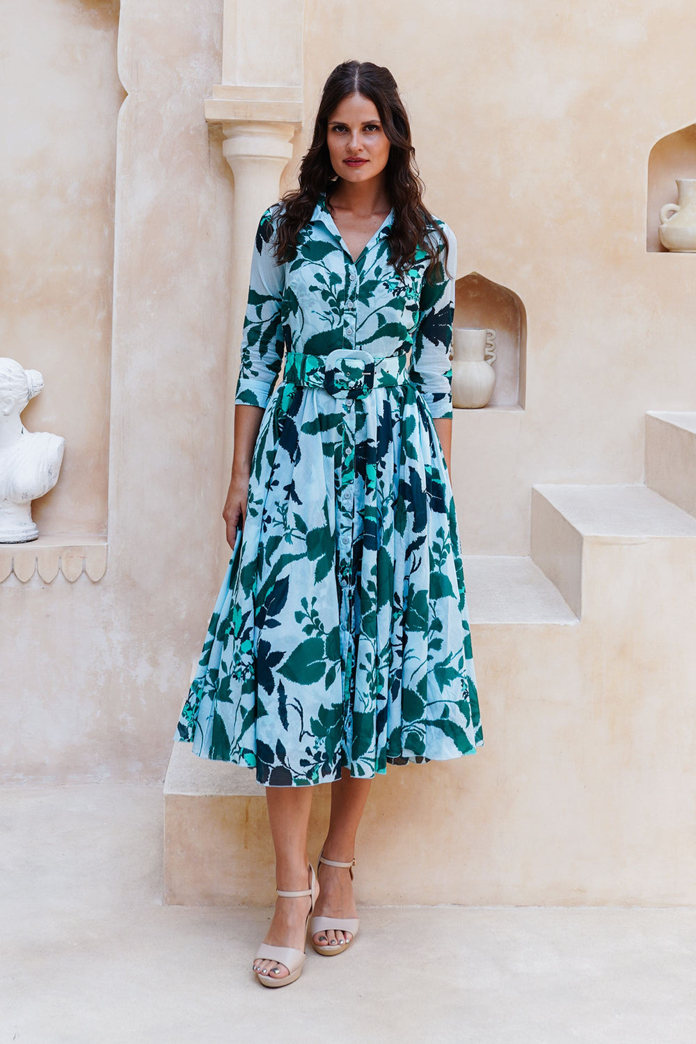 Aster Dress Shirt Collar 3/4 Sleeve Midi Length Cotton Musola (Genova Mono Flower Pastel)