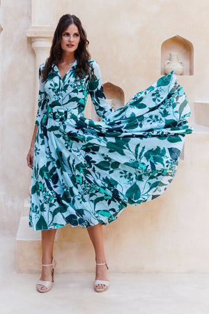 Aster Dress Shirt Collar 3/4 Sleeve Midi Length Cotton Musola (Genova Mono Flower Pastel)