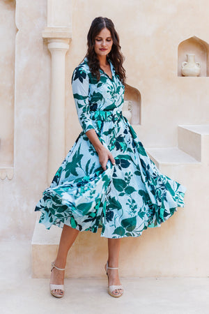 Aster Dress Shirt Collar 3/4 Sleeve Midi Length Cotton Musola (Genova Mono Flower Pastel)