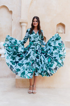 Aster Dress Shirt Collar 3/4 Sleeve Midi Length Cotton Musola (Genova Mono Flower Pastel)