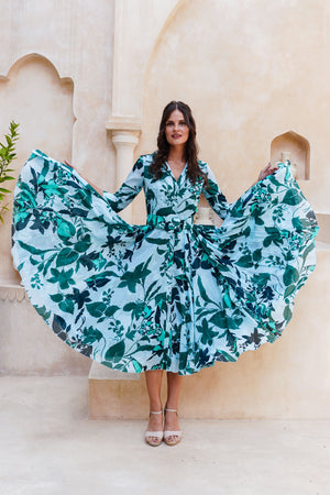 Aster Dress Shirt Collar 3/4 Sleeve Midi Length Cotton Musola (Genova Mono Flower Pastel)