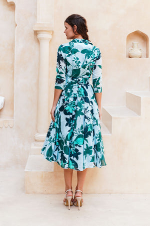 Aster Dress Shirt Collar 3/4 Sleeve Midi Length Cotton Musola (Genova Mono Flower Pastel)