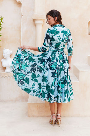 Aster Dress Shirt Collar 3/4 Sleeve Midi Length Cotton Musola (Genova Mono Flower Pastel)