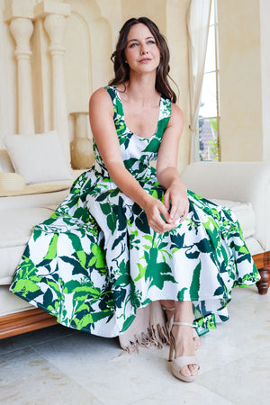 Abelia Dress U Neck Sleeveless Midi Length Cotton Stretch (Genova Mono Flower White)