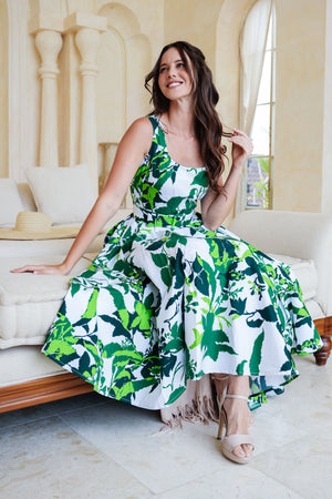 Abelia Dress U Neck Sleeveless Midi Length Cotton Stretch (Genova Mono Flower White)