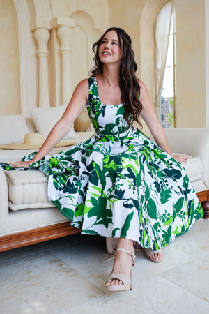 Abelia Dress U Neck Sleeveless Midi Length Cotton Stretch (Genova Mono Flower White)