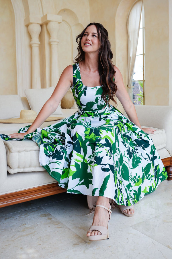 Abelia Dress U Neck Sleeveless Midi Length Cotton Stretch (Genova Mono Flower White)