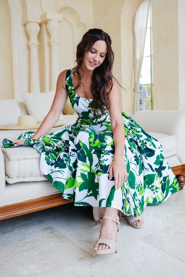 Abelia Dress U Neck Sleeveless Midi Length Cotton Stretch (Genova Mono Flower White)