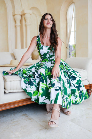 Abelia Dress U Neck Sleeveless Midi Length Cotton Stretch (Genova Mono Flower White)