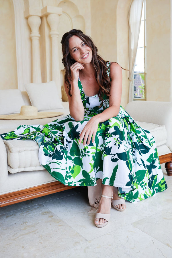 Abelia Dress U Neck Sleeveless Midi Length Cotton Stretch (Genova Mono Flower White)