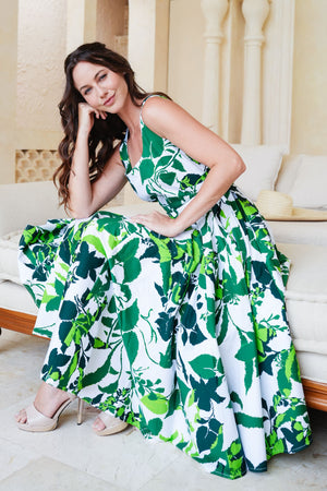 Abelia Dress U Neck Sleeveless Midi Length Cotton Stretch (Genova Mono Flower White)