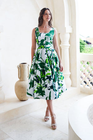 Abelia Dress U Neck Sleeveless Midi Length Cotton Stretch (Genova Mono Flower White)