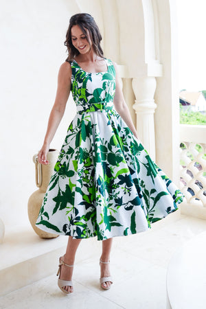 Abelia Dress U Neck Sleeveless Midi Length Cotton Stretch (Genova Mono Flower White)