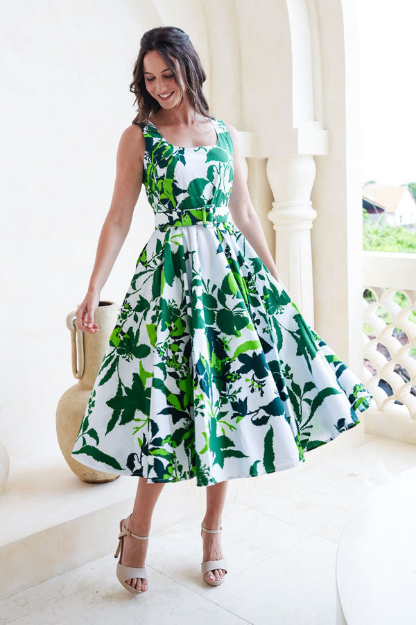 Abelia Dress U Neck Sleeveless Midi Length Cotton Stretch (Genova Mono Flower White)