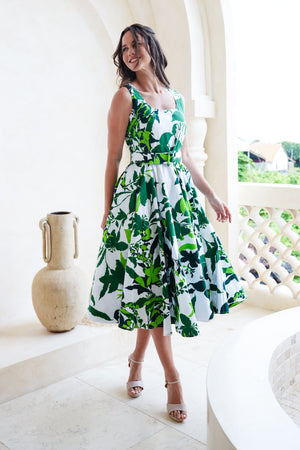 Abelia Dress U Neck Sleeveless Midi Length Cotton Stretch (Genova Mono Flower White)