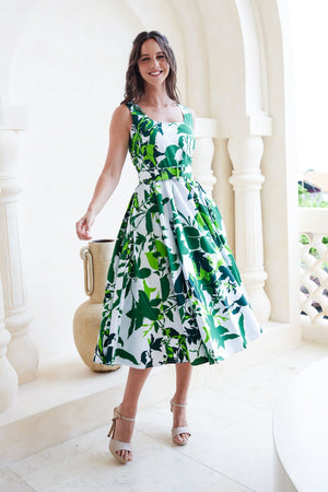 Abelia Dress U Neck Sleeveless Midi Length Cotton Stretch (Genova Mono Flower White)