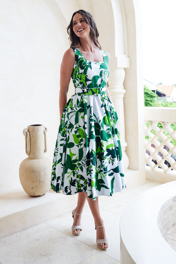 Abelia Dress U Neck Sleeveless Midi Length Cotton Stretch (Genova Mono Flower White)