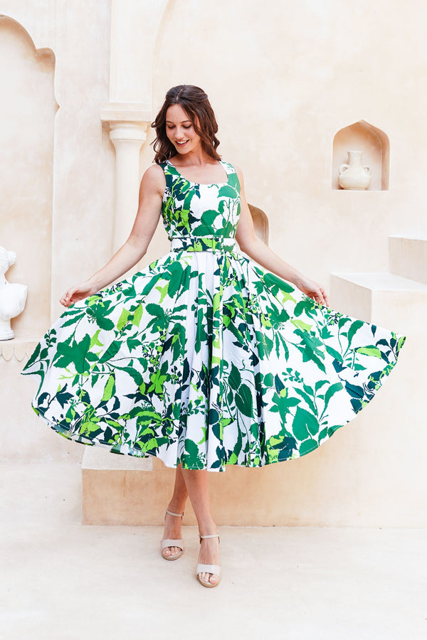 Abelia Dress U Neck Sleeveless Midi Length Cotton Stretch (Genova Mono Flower White)