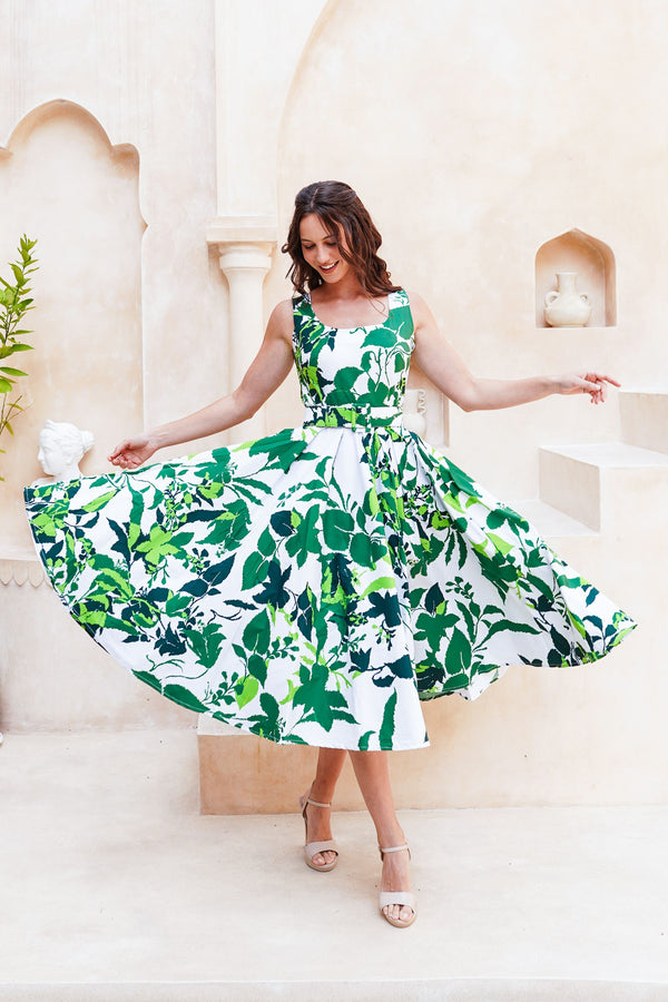 Abelia Dress U Neck Sleeveless Midi Length Cotton Stretch (Genova Mono Flower White)