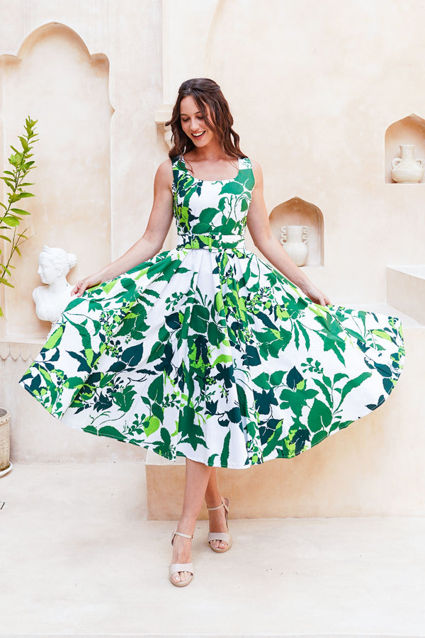 Abelia Dress U Neck Sleeveless Midi Length Cotton Stretch (Genova Mono Flower White)