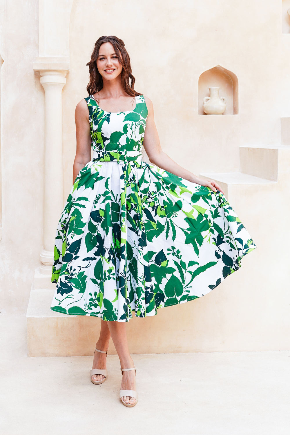 Abelia Dress U Neck Sleeveless Midi Length Cotton Stretch (Genova Mono Flower White)