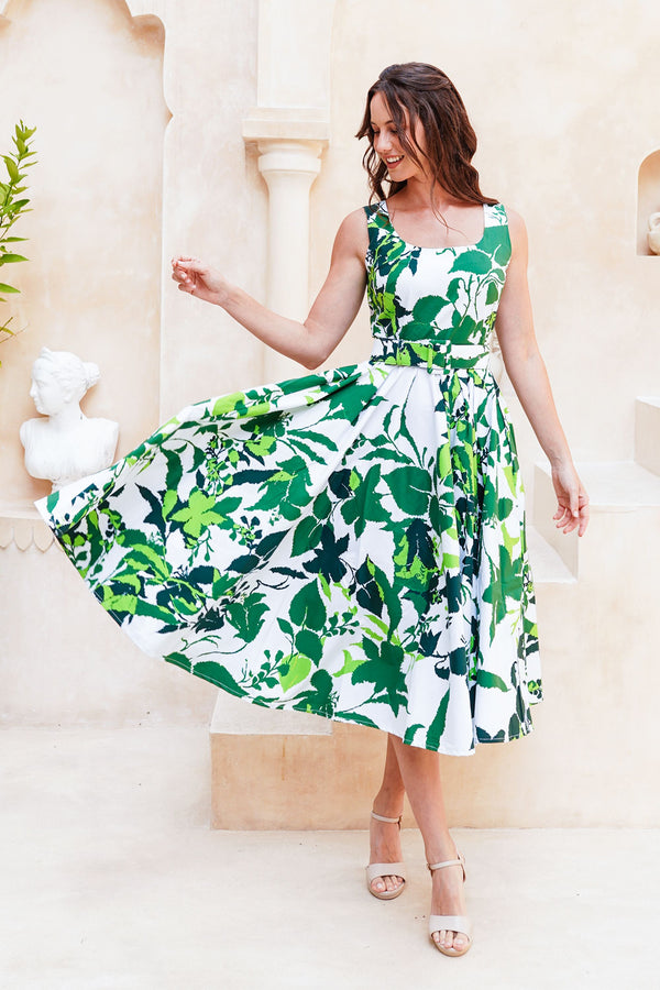 Abelia Dress U Neck Sleeveless Midi Length Cotton Stretch (Genova Mono Flower White)