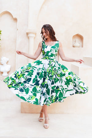 Abelia Dress U Neck Sleeveless Midi Length Cotton Stretch (Genova Mono Flower White)