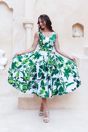 Abelia Dress U Neck Sleeveless Midi Length Cotton Stretch (Genova Mono Flower White)