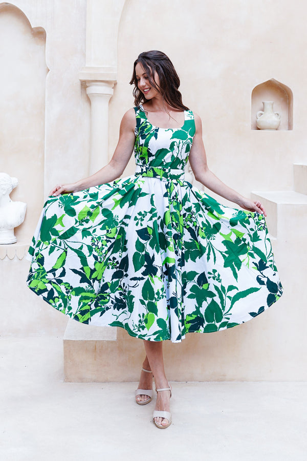 Abelia Dress U Neck Sleeveless Midi Length Cotton Stretch (Genova Mono Flower White)