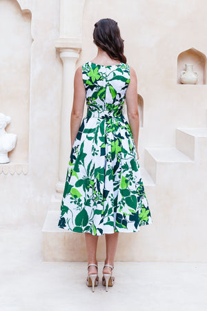 Abelia Dress U Neck Sleeveless Midi Length Cotton Stretch (Genova Mono Flower White)