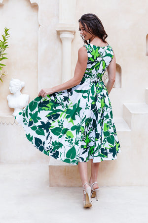 Abelia Dress U Neck Sleeveless Midi Length Cotton Stretch (Genova Mono Flower White)