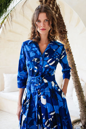 Audrey Dress #2 Shirt Collar 3/4 Sleeve Midi Length Cotton Stretch (Genova Mono Flower White)