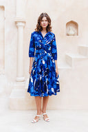 Audrey Dress #2 Shirt Collar 3/4 Sleeve Midi Length Cotton Stretch (Genova Mono Flower White)