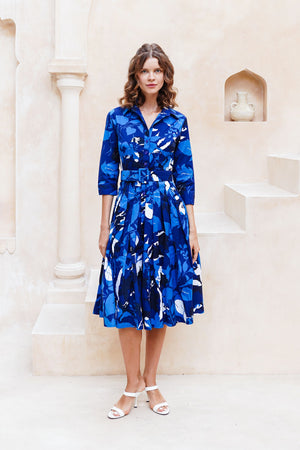 Audrey Dress #2 Shirt Collar 3/4 Sleeve Midi Length Cotton Stretch (Genova Mono Flower White)