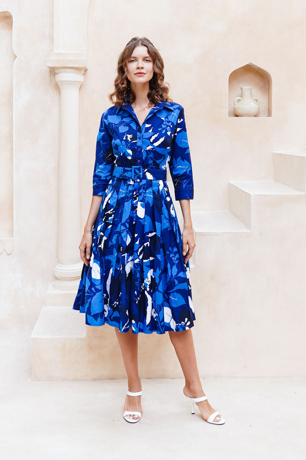 Audrey Dress #2 Shirt Collar 3/4 Sleeve Midi Length Cotton Stretch (Genova Mono Flower White)