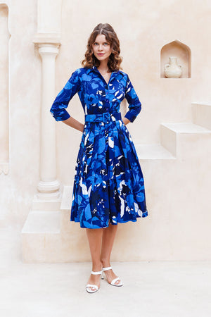 Audrey Dress #2 Shirt Collar 3/4 Sleeve Midi Length Cotton Stretch (Genova Mono Flower White)