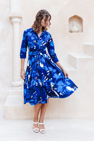 Audrey Dress #2 Shirt Collar 3/4 Sleeve Midi Length Cotton Stretch (Genova Mono Flower White)