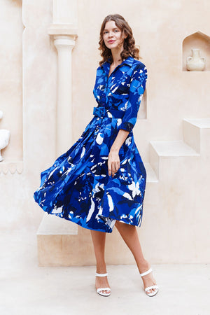 Audrey Dress #2 Shirt Collar 3/4 Sleeve Midi Length Cotton Stretch (Genova Mono Flower White)