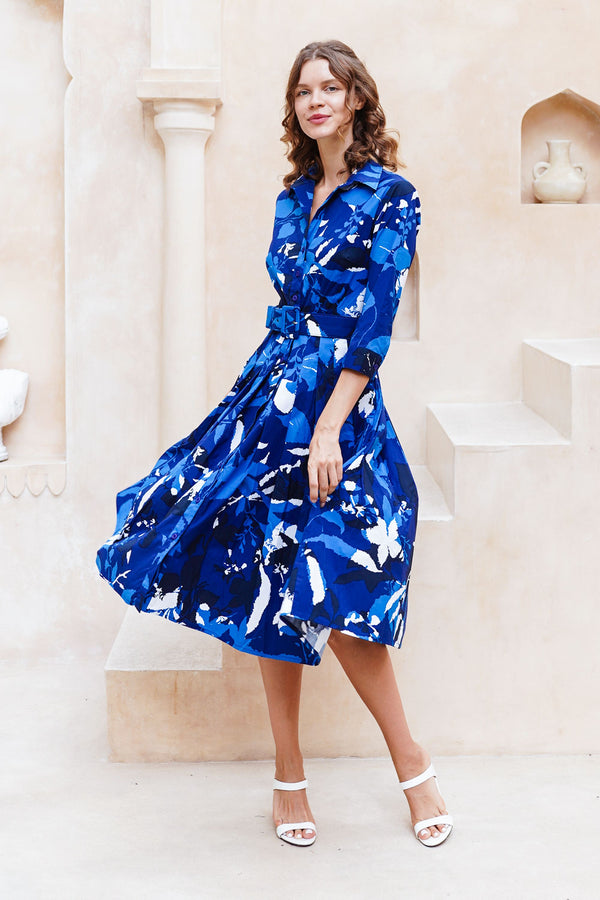 Audrey Dress #2 Shirt Collar 3/4 Sleeve Midi Length Cotton Stretch (Genova Mono Flower White)