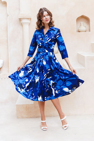 Audrey Dress #2 Shirt Collar 3/4 Sleeve Midi Length Cotton Stretch (Genova Mono Flower White)