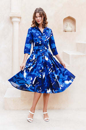 Audrey Dress #2 Shirt Collar 3/4 Sleeve Midi Length Cotton Stretch (Genova Mono Flower White)