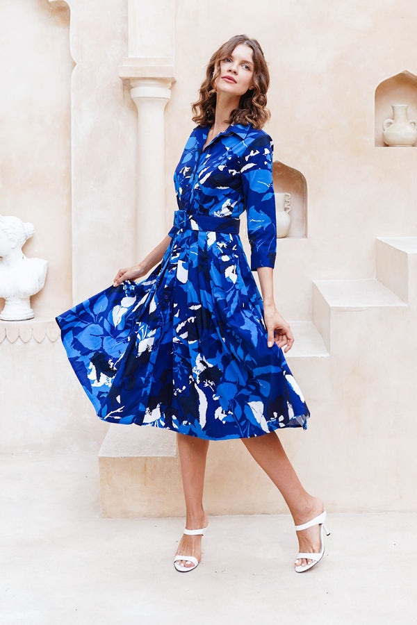 Audrey Dress #2 Shirt Collar 3/4 Sleeve Midi Length Cotton Stretch (Genova Mono Flower White)