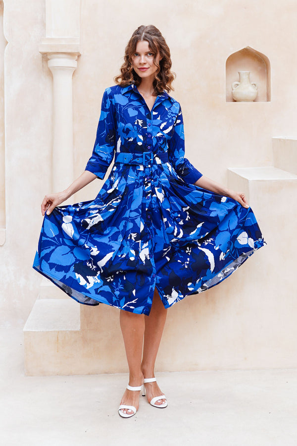 Audrey Dress #2 Shirt Collar 3/4 Sleeve Midi Length Cotton Stretch (Genova Mono Flower White)