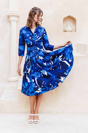 Audrey Dress #2 Shirt Collar 3/4 Sleeve Midi Length Cotton Stretch (Genova Mono Flower White)