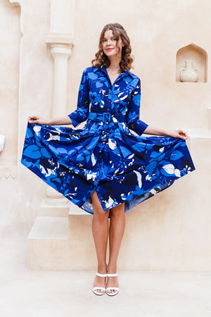 Audrey Dress #2 Shirt Collar 3/4 Sleeve Midi Length Cotton Stretch (Genova Mono Flower White)